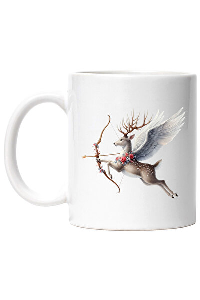 StoryGift Romania Cana cu un cerb Cupidon, ilustratie, trage cu arcul, aripi, indragostire, Valent, Cu Maner Alb