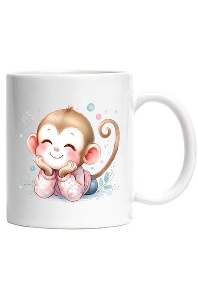 StoryGift Romania Cana cu o maimutica vesela | ilustratie | jungla | natura | plante | armonie | c, Cu Maner Alb