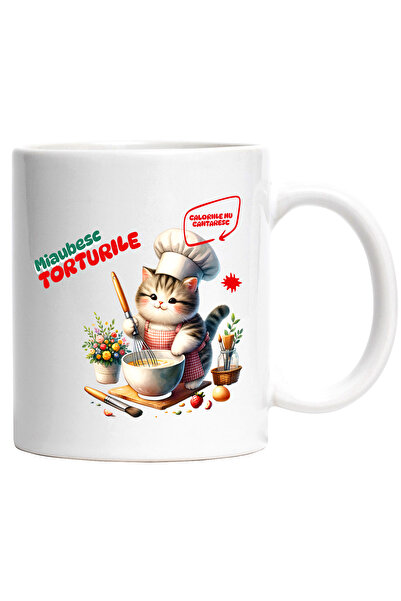 StoryGift Romania Cana pisica bucatar cheff, delicii culinare iubitorii de mancare, 330ml, Ceramic, Cu Maner Alb