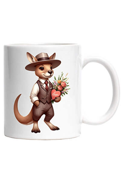 StoryGift Romania Cana cu un cangur care tine un buchet cu flori si o cutie c...