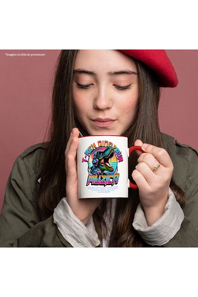 StoryGift Romania T-Rex Dinosaur Mug - Jurassic Music and Headphones, 330ml, Ceramic with Red Handle, With Handle, STG