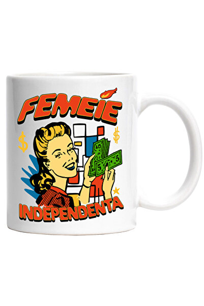 StoryGift Romania Cana femeei cu bani, independenta, avere, valoare, 330ml, Ceramic cu Maner Alb, Cu Maner Alb