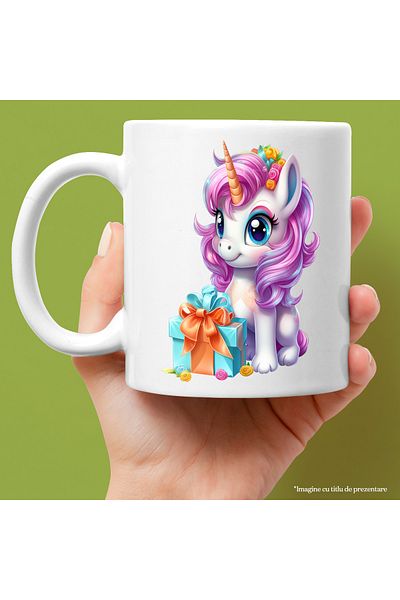 StoryGift Romania Cana cu un unicorn bucuros | ilustratie | cadou | floricele | de ziua lui | zi d, Cu Maner Alb