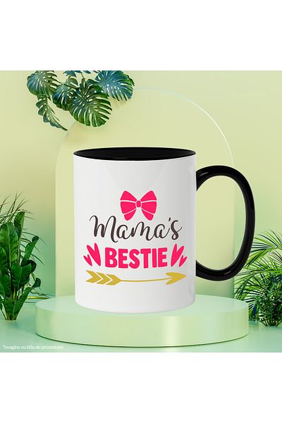 StoryGift Romania Cana pentru o fetita iubita enorm de mama ei cu mesajul "Mama's bestie" - inimio, Cu Maner Negru