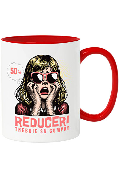 StoryGift Romania Cana cu Fata Disperata Blonda Stil Retro Cu Ochelari De Soare Text Reduceri treb, Cu Maner Rosu