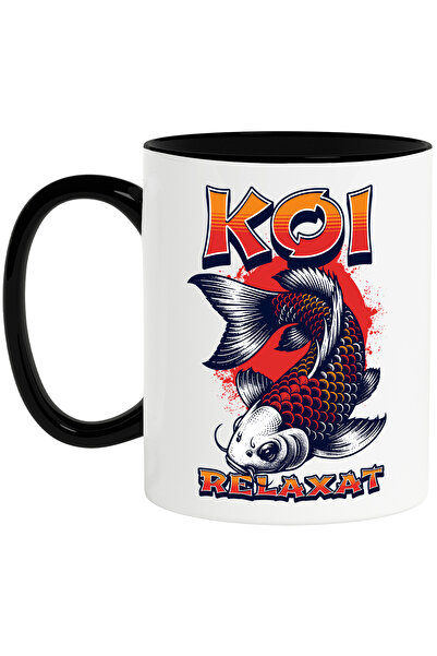 StoryGift Romania Cana Peste Koi relaxat, iubitorii de pescuit , 330ml, Ceramica cu Maner Negru, Cu Maner Negru