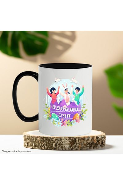 StoryGift Romania Cana Cu Mesaj In Engleza Easter Day, Paste, Iepuri, Costum, Oua, Flori, Multicol, Cu Maner Negru