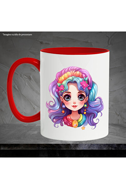 StoryGift Romania Mug with a cheerful face | illustration | big eyes | flowers | earrings | 330ml | Cerami, Cu,STG