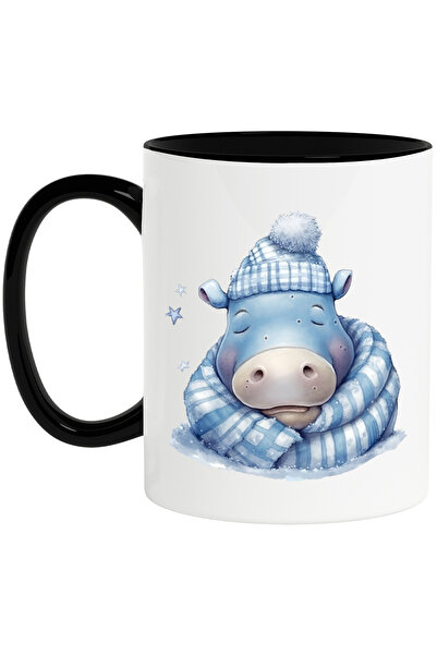 StoryGift Romania Cana cu un hipopotam care doarme | ilustratie | caciula | fular | frig | ger cum, Cu Maner Negru