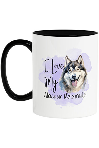StoryGift Romania Cana cu mesajul "I love my Alaskan Malamute", caine, animal de companie, ilustra, Cu Maner Negru