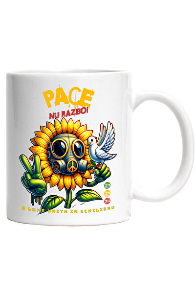 StoryGift Romania Cana Floarea soarelui cu masca gaze , porumbel alb Pace, Nu Razboi, 330ml, Ceram, Cu Maner Alb