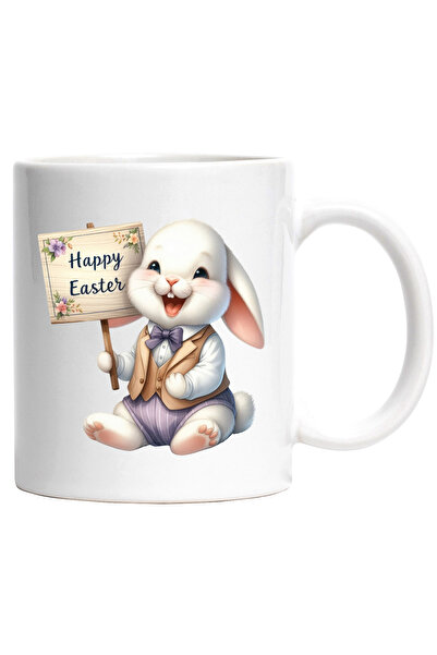 StoryGift Romania Cana cu un iepuras vesel | mesajul "Happy Easter" | ilustratie | rade | fericire, Cu Maner Alb