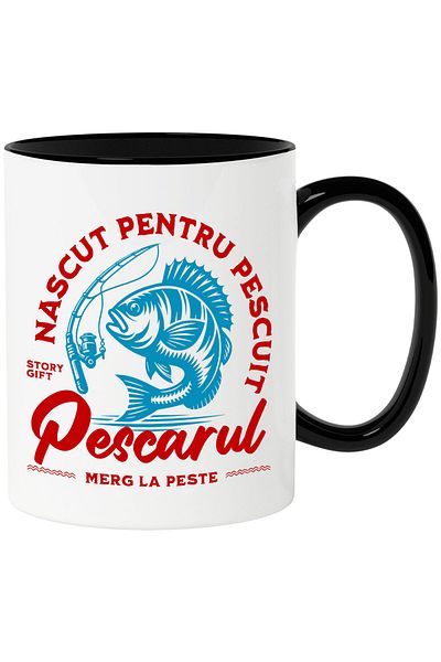 StoryGift Romania Cana cu Peste Cu Undita Balta Iubitorii De Pescuit Natura Relaxare hobby Text Na, Cu Maner Negru