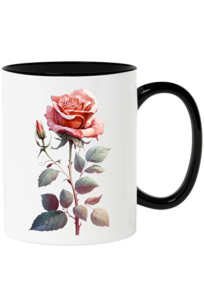 StoryGift Romania Cana cu Desen Trandafir Roz, Boboc de Trandafir Roz, Spini,...