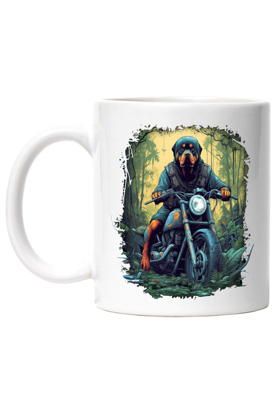 StoryGift Romania Cana cu un caine Rottweiler care sta pe o motocicleta | ilu...