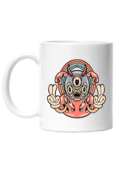 StoryGift Romania Cana Cu Extraterestru, Halucinatie, Ochi, Manusi, Cercei, Coarne, Curcubeu, Mult, Cu Maner Alb