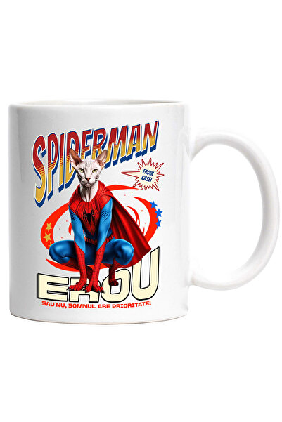 StoryGift Romania Cana cu Sphynx Pisica In Costum de SpiderMan cu Pelerina, Erou Nocturn, Desene a, Cu Maner Alb