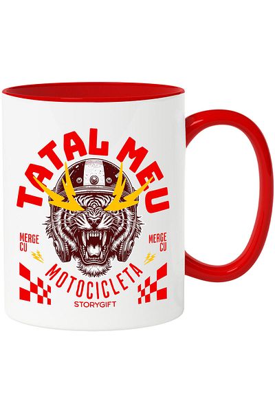StoryGift Romania Cana cu Tigru Furios Cu Casca Protectie Colti Lungi Text Tatal Meu Merge Cu Moto, Cu Maner Rosu