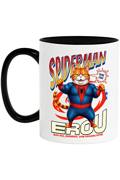 StoryGift Romania Cana cu Grasa Pisica In Costum de SpiderMan cu Pelerina, Erou Nocturn, Desene an, Cu Maner Negru