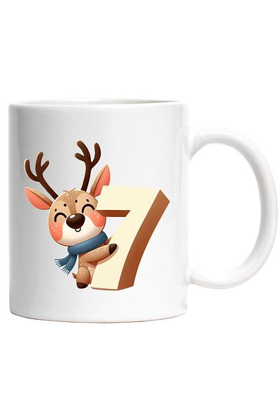 StoryGift Romania Cana cu un ren care tine cifra "7" | scoala | matematica | invata | elevi | anim, Cu Maner Alb
