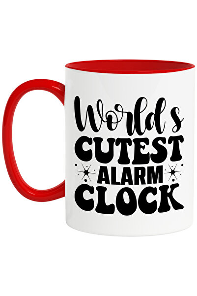 StoryGift Romania Cana cu ilustratie afisand mesajul in engleza "World's cutest alarm clock" - pla, Cu Maner Rosu