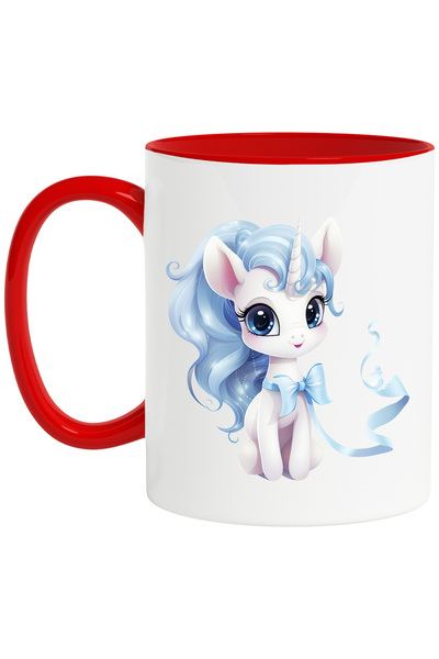 StoryGift Romania Cana cu un unicorn vesel | ilustratie | coama albastra | funda | imbujorata | cr, Cu Maner Rosu