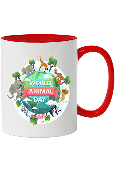 StoryGift Romania Cana Cu Mesaj In Engleza World Animal Day, Planeta, Zebra, Flamingo, Elefant, Pa, Cu Maner Rosu