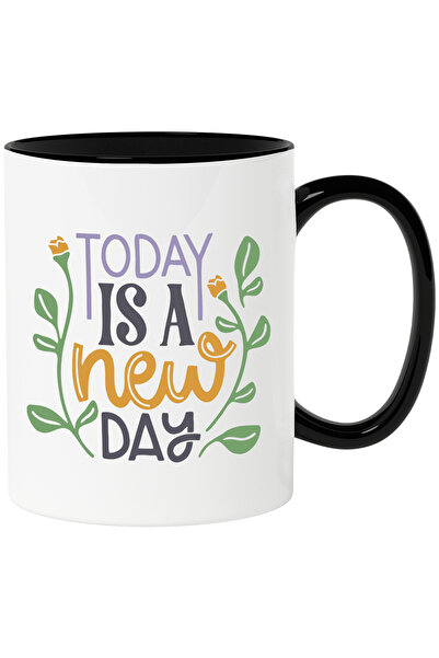 StoryGift Romania Cana Cu Text in Engleza Today is a New Day, Happy, Citat Motivationale,Ceramica,, Cu Maner Negru