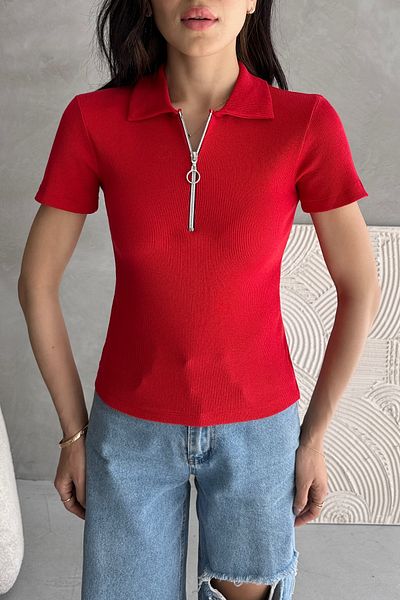 Chicup Women's Red Half Zipper Polo Neck Ribbed Knitted Blouse