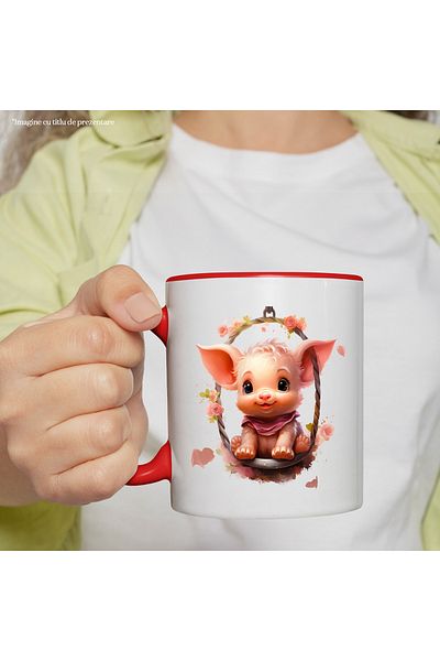 StoryGift Romania Mug with a piglet swinging | illustration | flowers | pink | happiness |, With ,STG