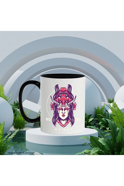 StoryGift Romania Mug With Geisha Message, Mask, Oni, Woman, Horns, Bow, Multicolor 330 ml, Wax, With