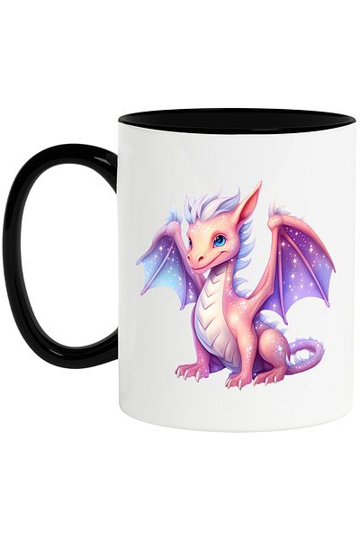 StoryGift Romania Cana cu un dragon cu corp stralucitor | ilustratie | stelute pe aripi | portocal, Cu Maner Negru