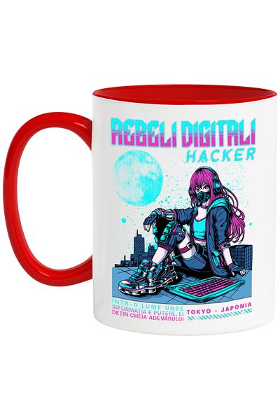 StoryGift Romania Cana Fata pe cladire luna Rebeli digitali. Hacker, 330ml, Ceramic cu Maner Rosu, Cu Maner Rosu