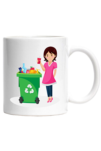 StoryGift Romania Cana Cu Femeie, Tomberon, Ecologie, Reciclare, Multicolor 330 ml, Ceramica cu Ma, Cu Maner Alb
