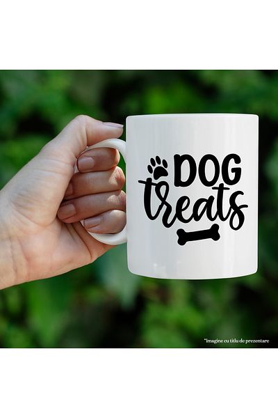 StoryGift Romania Cana cu textul in engleza "Dog treats" - bunatati pentru caine oase cu Maner Alb, Cu Maner Alb