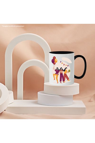 StoryGift Romania Cana Cu Aniversare, Baloane, Tort, Lumanari, Prieteni, Cutie De Cadou, Multicolo, Cu Maner Negru