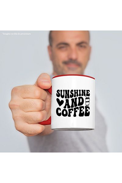 StoryGift Romania Mug with heart and text "Sunshine and coffee" - keeps you awake with Ro, Cu, STG handle