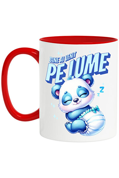 StoryGift Romania Cana cu Urs Panda Bebe Cu scutec Text Bine Ai Venit Pe Lume Copil, Ceramica, 330, Cu Maner Rosu