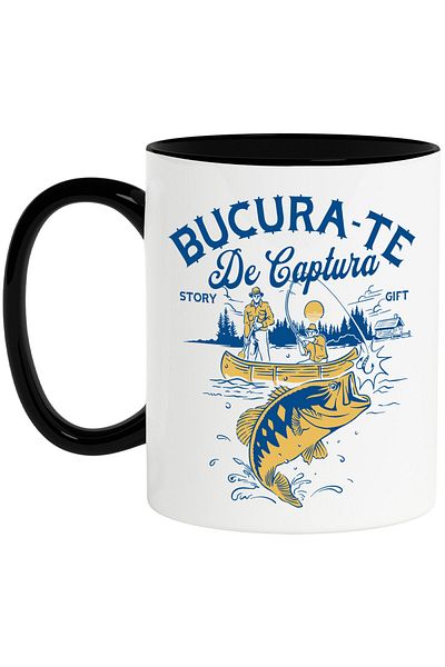 StoryGift Romania Cana cu Silueta barbati In Barca Pescuit Undita Peste Hobby Text Bucura-te De Ca, Cu Maner Negru