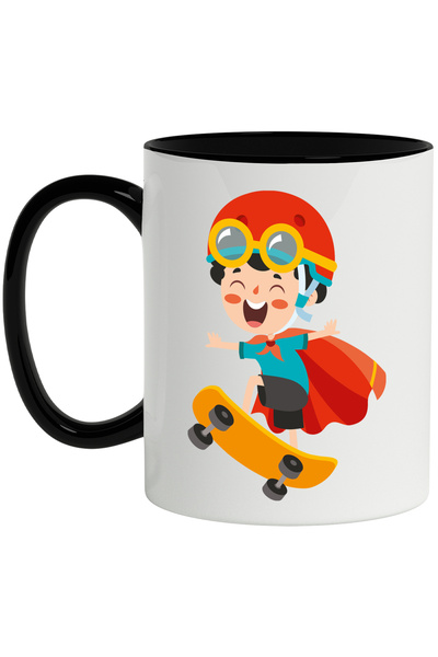 StoryGift Romania Cana Cu Copil, Casca, Ochelari, Skateboard, Capa, Supererou, Multicolor 330 ml, , Cu Maner Negru