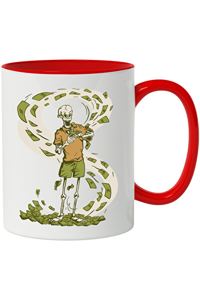 StoryGift Romania Cana Cu Schelet, Bani, Vant, Dolari, Ochelari, Oase, Multicolor 330 ml, Ceramica, Cu Maner Rosu