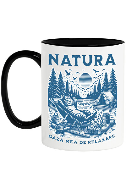 StoryGift Romania Cana pisica in natura relaxare cu cortul padure cercetas, 330ml, Ceramica cu Man, Cu Maner Negru