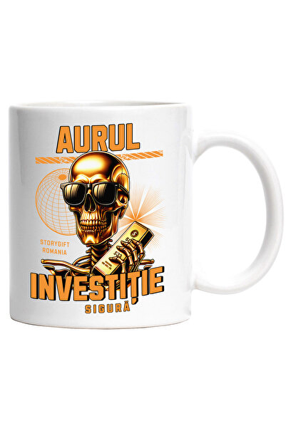 StoryGift Romania Cana schelete de aur cu ochelari text aurului investitie si...
