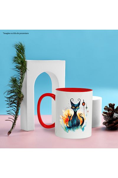 StoryGift Romania Mug With Cats, Moon, Abstract Art, Globes, Circles, Multicolor 330 ml, Ceram, With ,STG