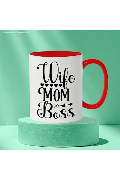 StoryGift Romania Mug with hearts and the text in English "Wife, mom, boss" - good wife, mom, boss, with STG.