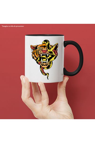 StoryGift Romania Mug With Snake, Tiger, Fangs, Multicolor 330 ml, Ceramic with Black Handle, With Black Handle