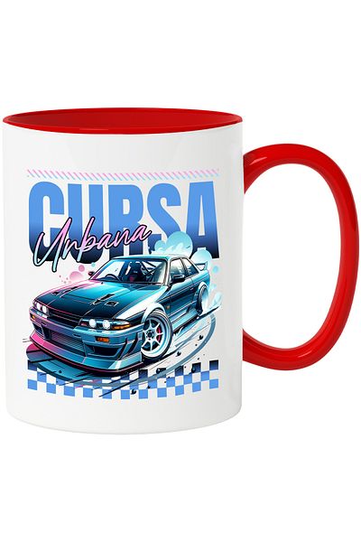 StoryGift Romania Cana cursa urbana viteza masina puternica adrenalina, 330ml, Ceramic cu Maner Ro, Cu Maner Rosu