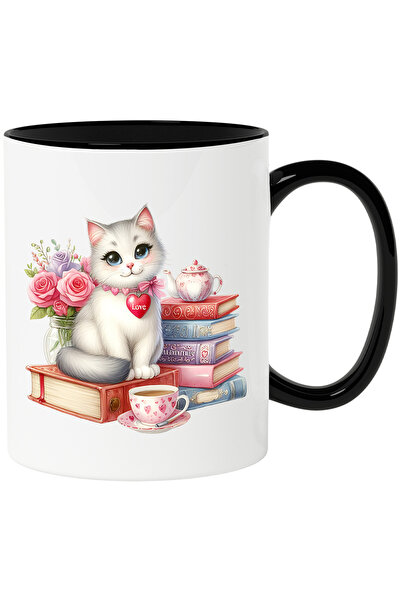 StoryGift Romania Cana cu o pisicuta vesela | alba | cenusie | teanc cu carti...