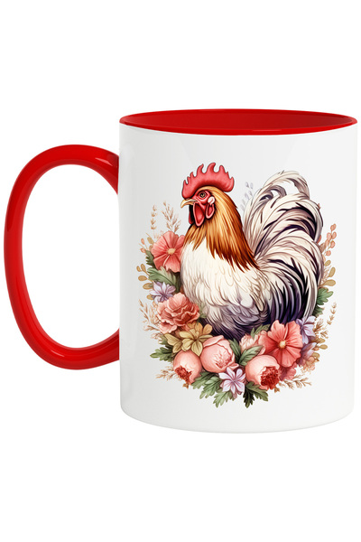 StoryGift Romania Cana cu un cocos | ilustratie | serios | alb | floricele | roz | frunze | plante, Cu Maner Rosu