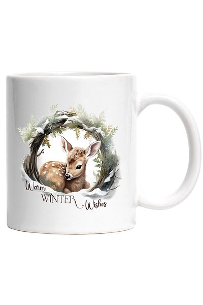 StoryGift Romania Cana cu un pui de caprioara cu mesajul "Warm Winter Wishes", urari "calde" de ia, Cu Maner Alb